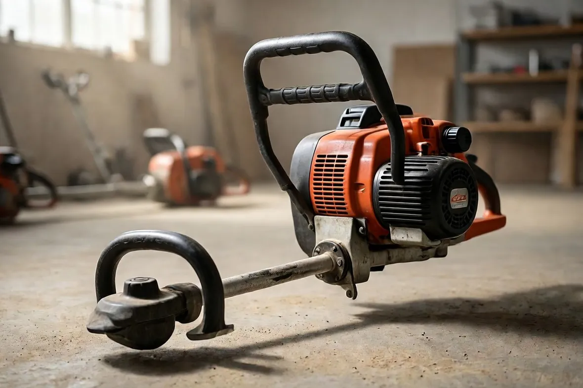 Un decespugliatore Echo ad asta fissa con impugnatura singola e motore da 22,8cc