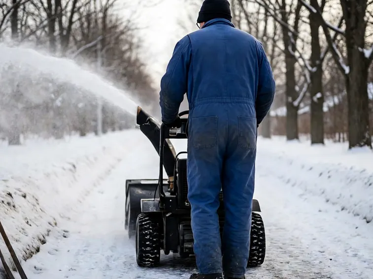 uomo visto da dietro con turbina da neve