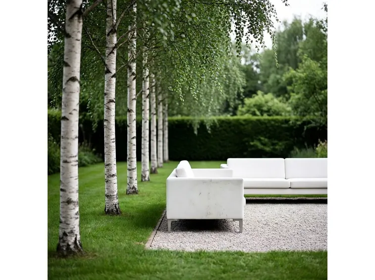 Giardino con alberi e divani.  Fonte foto ( http://www.housetohome.co.uk )