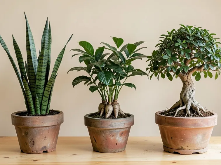 Tre esempi di piante d'interni: Sanseveria, Zamioculcas, Ficus Ginseng bonsai